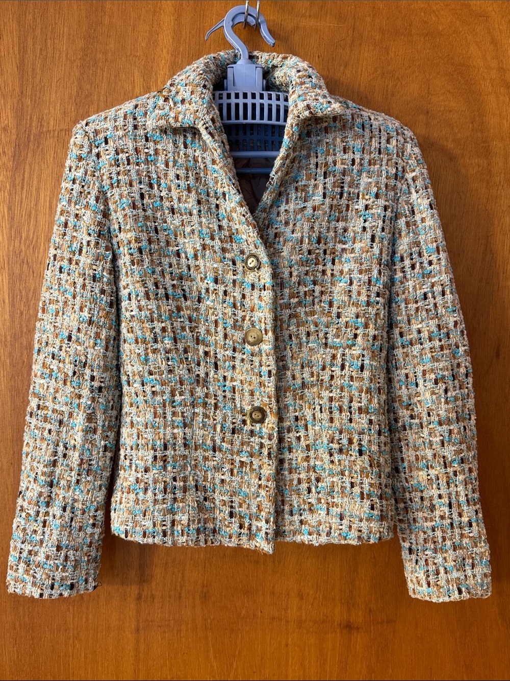 Textured Multi-Tone Beige Tweed Jacket with Blue Accents